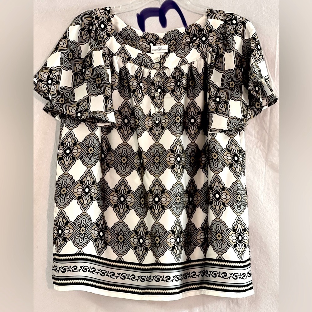 LADIES WHITE TOP WITH BLACK & GOLD DESIGNS